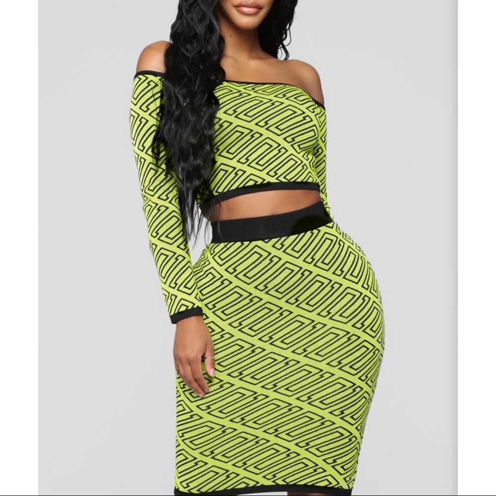 Lime Green & Black Crop Top & Skirt Set
